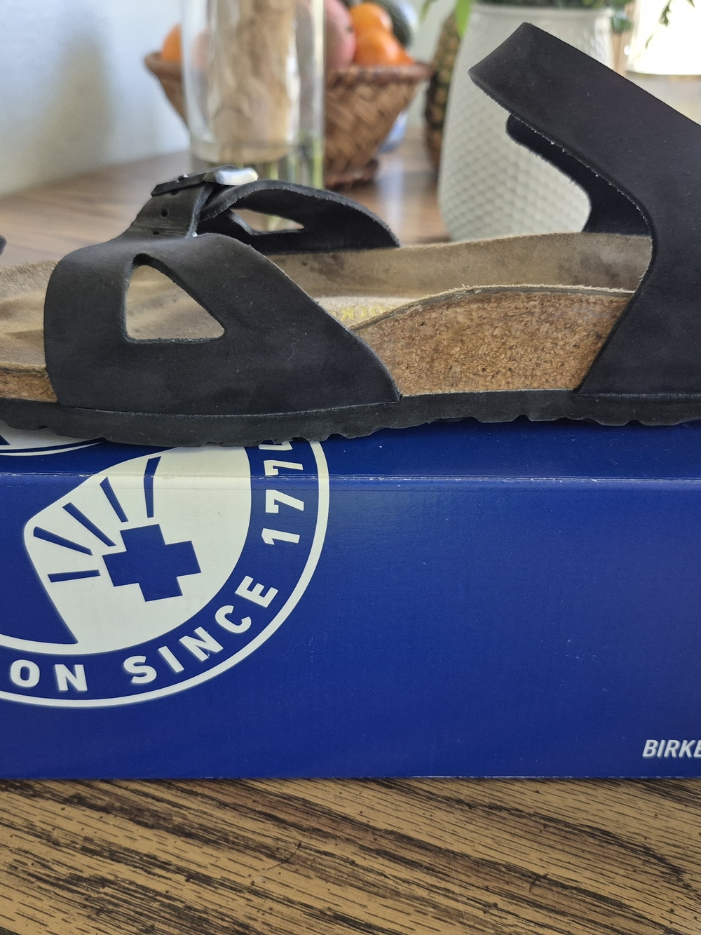Birkenstock Black Two-Strap Suede Cork Footbed Sandal